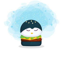 Cute little burger in animal illustration. penguin cartoon character Premium Vector