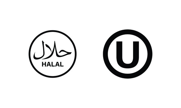 dietary laws for Islam (halal) and Jewish (kosher) logo edition in simple black and white style. round shapes elements isolated on white background in logo design vector.