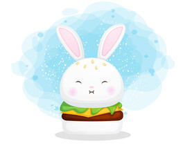 Cute little burger in animal illustration. Bunny cartoon character Premium Vector