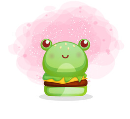 Cute little burger in animal illustration. Frog cartoon character Premium Vector