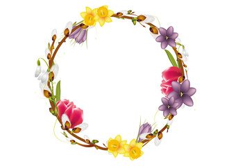 Frühlingskranz aus Weidenkätzchen und Frühlingsblumen für wunderschöne Geschenkideen.Für Ostern oder Frühlingsbeginn, ein schöner Frühlingsbote