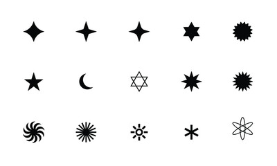 icon collection set of various type of star in simple black and white style. geometrical shapes elements isolated on white background in logo design vector.