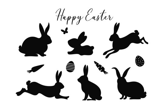 Easter bunny silhouettes set. Happy Easter. Cute spring bunnies with butterfly, eggs, carrots and text. Black silhouettes isolated on white background. Easter designs. 