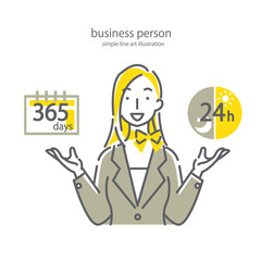 受付時間を案内するカスタマーサポートの女性のシンプルでおしゃれな線画イラスト素材