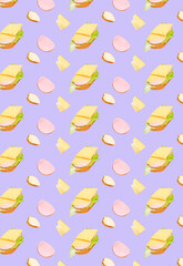 Vertical pattern with the ingredients for a sandwich, on a purple background. Fruit background.