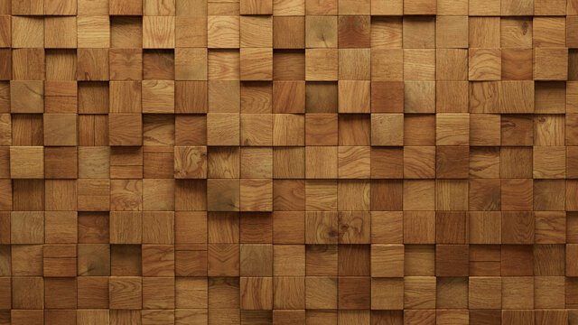 Wood Block Wall background. Mosaic Wallpaper with Light and Dark Timber Square tile pattern. 3D Render 