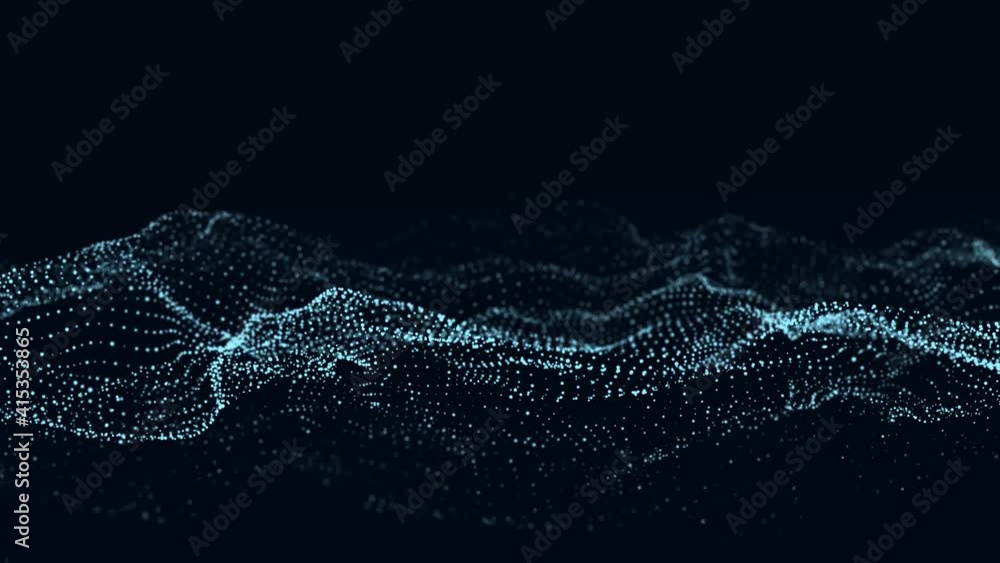 Poster abstract wave with moving dots. flow of particles. cyber technology illustration. 3d rendering