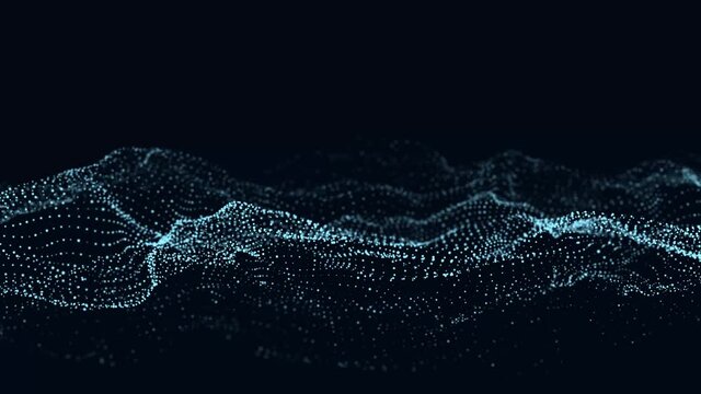 Abstract wave with moving dots. Flow of particles. Cyber technology illustration. 3d rendering