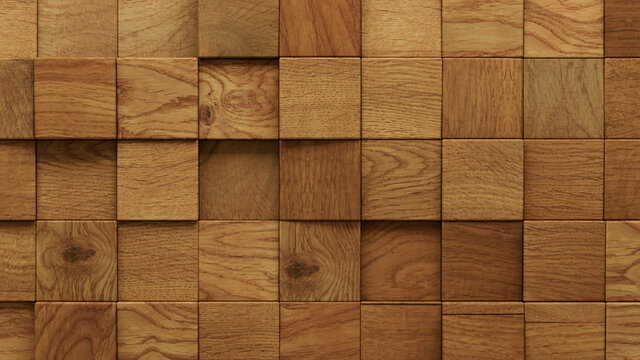 Wood Block Wall background. Mosaic Wallpaper with Light and Dark Timber Square tile pattern. 3D Render 