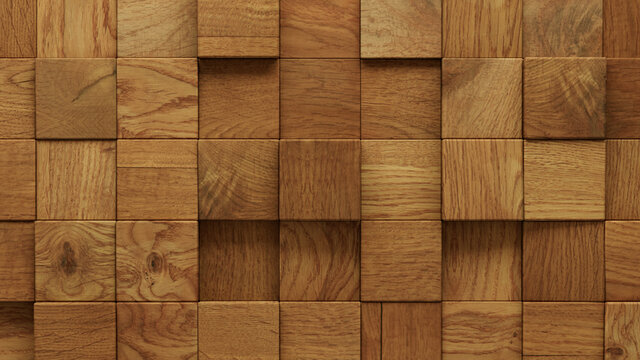 Wood Block Wall background. Mosaic Wallpaper with Light and Dark Timber Square tile pattern. 3D Render 