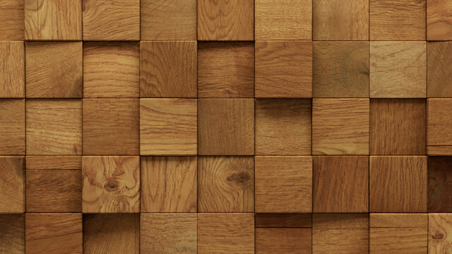 Wood Block Wall background. Mosaic Wallpaper with Light and Dark Timber Square tile pattern. 3D Render 