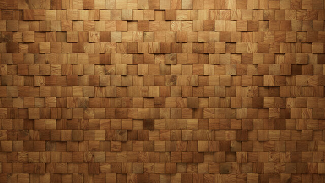 Wood Block Wall background. Mosaic Wallpaper with Light and Dark Timber Square tile pattern. 3D Render 