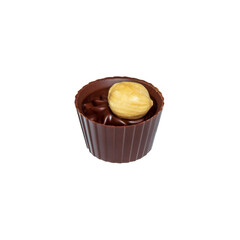 Chocolate candy with cream and nuts on white isolated background. Idea for dessert in restauran