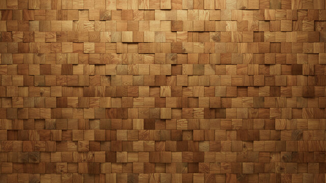 Wood Block Wall background. Mosaic Wallpaper with Light and Dark Timber Square tile pattern. 3D Render 