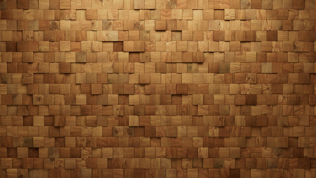 Wood Block Wall background. Mosaic Wallpaper with Light and Dark Timber Square tile pattern. 3D Render 