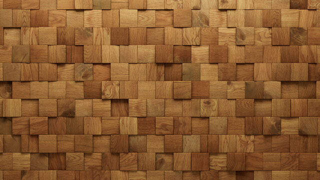 Wood Block Wall background. Mosaic Wallpaper with Light and Dark Timber Square tile pattern. 3D Render 