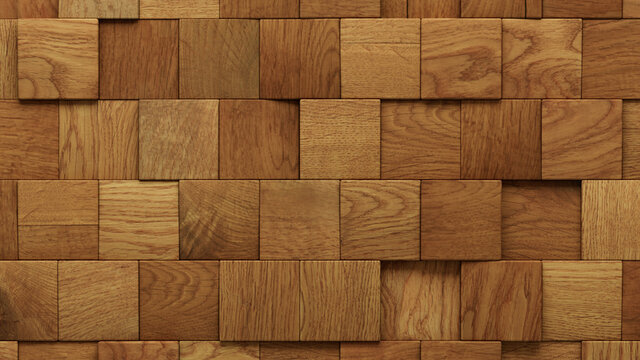 Wood Block Wall background. Mosaic Wallpaper with Light and Dark Timber Square tile pattern. 3D Render 