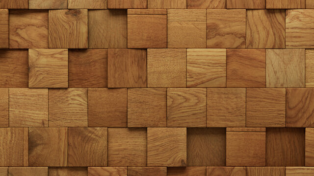 Wood Block Wall background. Mosaic Wallpaper with Light and Dark Timber Square tile pattern. 3D Render 