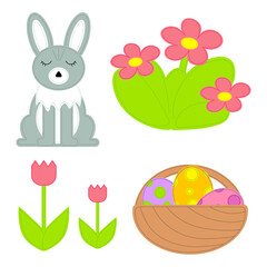 Colorful Easter collection with hare, Easter eggs and decorative elements. Easter greeting card with a decorative Easter bunny.