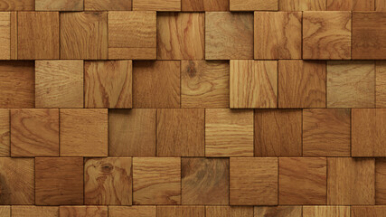 Wood Block Wall background. Mosaic Wallpaper with Light and Dark Timber Square tile pattern. 3D Render 