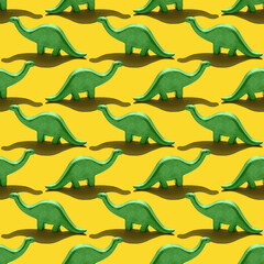Seamless pattern with green diplodocus dinosaur on yellow background