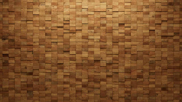Wood Block Wall background. Mosaic Wallpaper with Light and Dark Timber Rectangle tile pattern. 3D Render 
