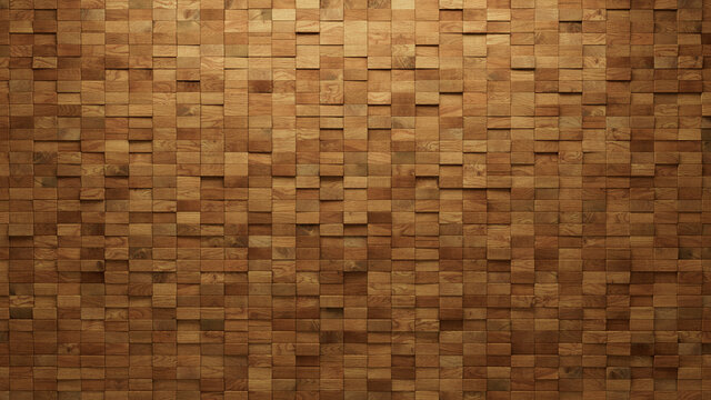 Wood Block Wall background. Mosaic Wallpaper with Light and Dark Timber Rectangle tile pattern. 3D Render 
