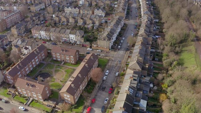 Rising Aerial View of Streets in London in the Afternoon