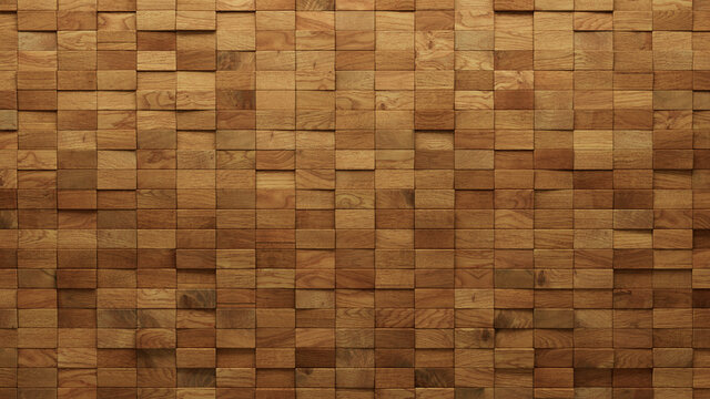 Wood Block Wall background. Mosaic Wallpaper with Light and Dark Timber Rectangle tile pattern. 3D Render 