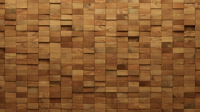 Wood Block Wall background. Mosaic Wallpaper with Light and Dark Timber Rectangle tile pattern. 3D Render 