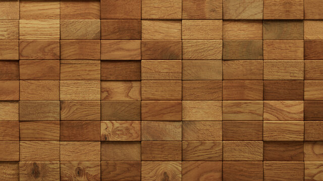 Wood Block Wall background. Mosaic Wallpaper with Light and Dark Timber Rectangle tile pattern. 3D Render 