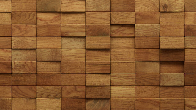 Wood Block Wall background. Mosaic Wallpaper with Light and Dark Timber Rectangle tile pattern. 3D Render 