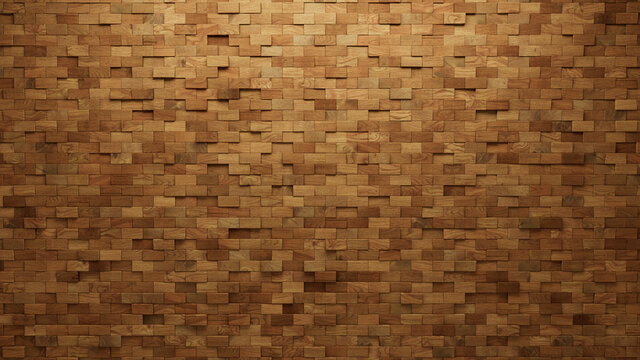 Wood Block Wall background. Mosaic Wallpaper with Light and Dark Timber Rectangle tile pattern. 3D Render 
