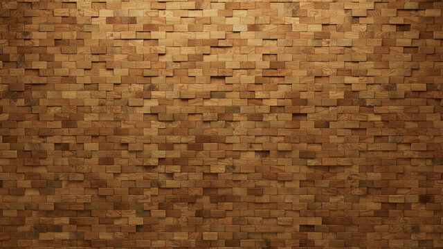 Wood Block Wall background. Mosaic Wallpaper with Light and Dark Timber Rectangle tile pattern. 3D Render 