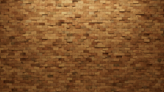 Wood Block Wall background. Mosaic Wallpaper with Light and Dark Timber Rectangle tile pattern. 3D Render 