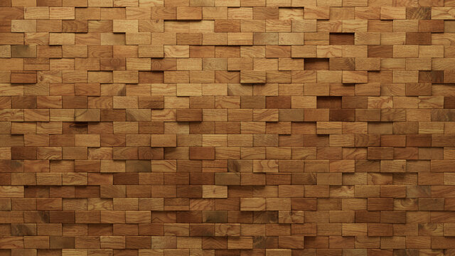 Wood Block Wall background. Mosaic Wallpaper with Light and Dark Timber Rectangle tile pattern. 3D Render 
