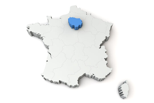 Map of France showing Ile de France region. 3D Rendering