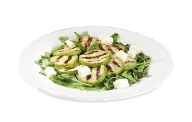 Delicious grilled zucchini slices and feta cheese on white background