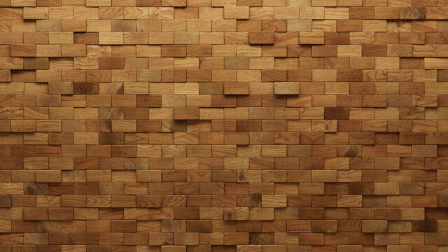 Wood Block Wall background. Mosaic Wallpaper with Light and Dark Timber Rectangle tile pattern. 3D Render 
