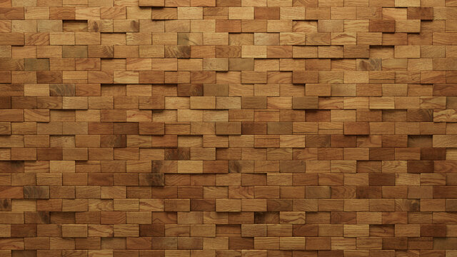 Wood Block Wall background. Mosaic Wallpaper with Light and Dark Timber Rectangle tile pattern. 3D Render 