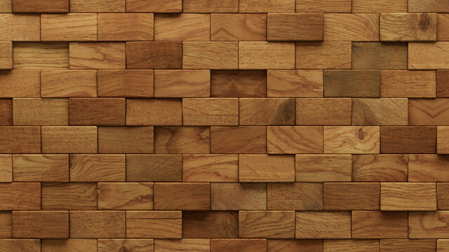 Wood Block Wall background. Mosaic Wallpaper with Light and Dark Timber Rectangle tile pattern. 3D Render 