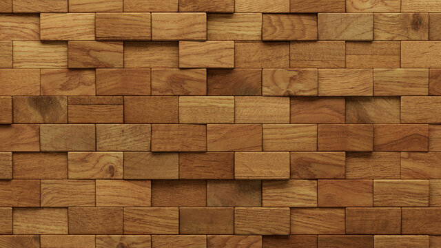 Wood Block Wall background. Mosaic Wallpaper with Light and Dark Timber Rectangle tile pattern. 3D Render 