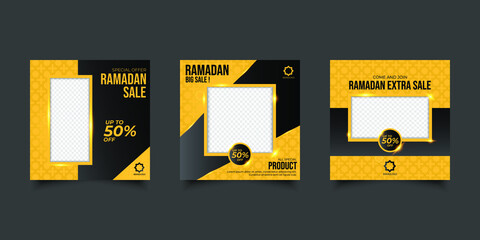 Set Ramadan Sale Square Banner Promotion Template. Suitable for Web Promotion and Social Media Template Post for Ramadan Kareem Greeting Card, Event, and etc. Vector Illustration.