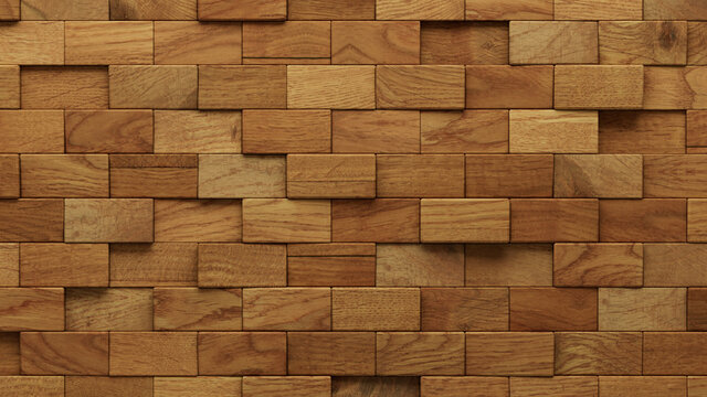 Wood Block Wall background. Mosaic Wallpaper with Light and Dark Timber Rectangle tile pattern. 3D Render 