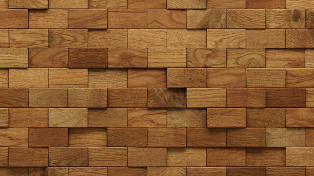 Wood Block Wall background. Mosaic Wallpaper with Light and Dark Timber Rectangle tile pattern. 3D Render 