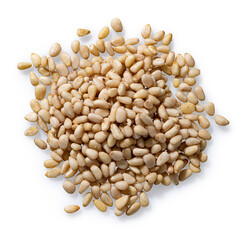 Macro shot top view of heap ingredient raw pine nuts.