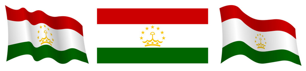 flag of Tajikistan in static position and in motion, fluttering in wind in exact colors and sizes, on white background