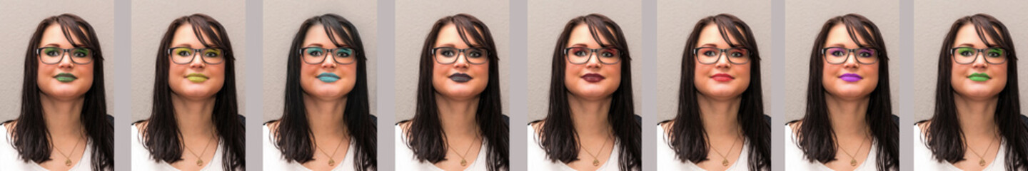Attraktive junge Frau achtmal farbig geschminkt