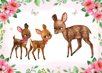 Mother and baby deer illustration, Watercolor fawn deer, woodland, forest animal, spring pink flowers border and wreath, mother and two daughters.Nursery art, mother day postcard, baby shower invite
