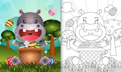 coloring book for kids themed happy easter day with character illustration of a cute hippo in the bucket egg